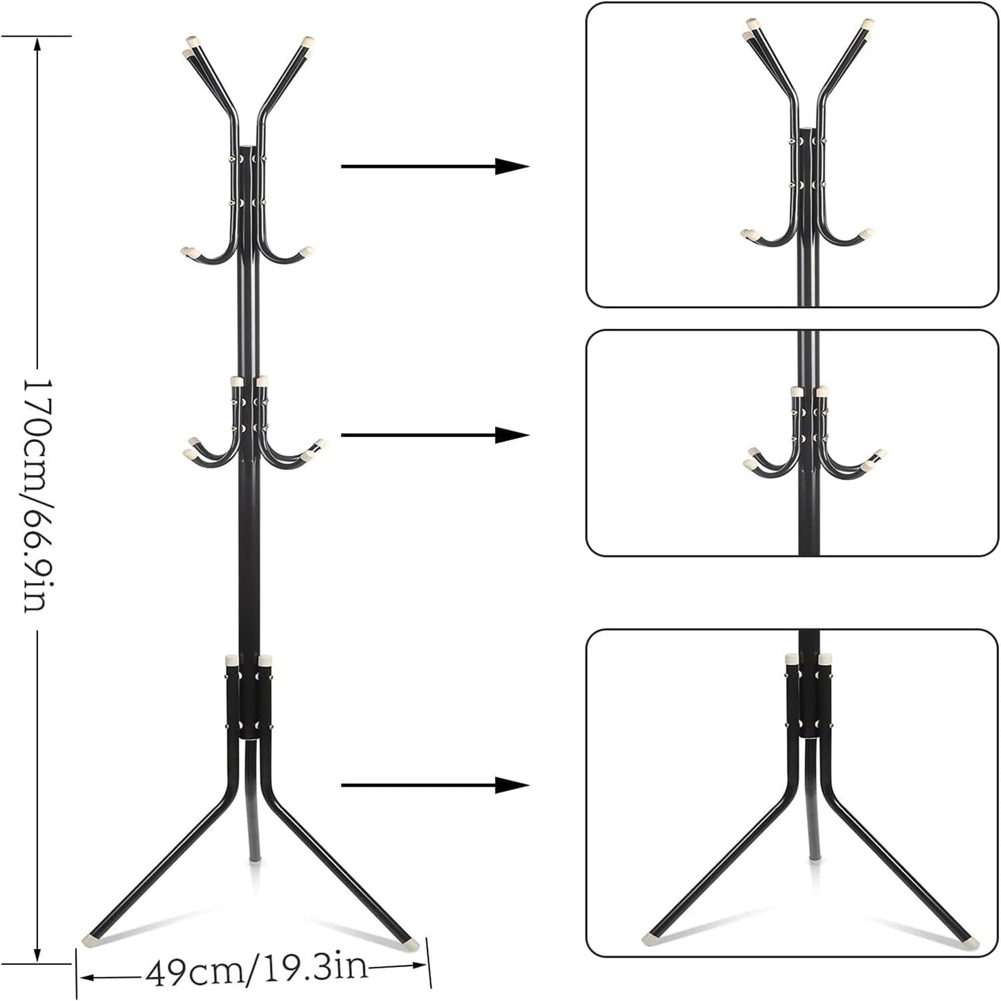 Bolivia's Coat Rack Stand, Metal Coat Hat Hanger Organizer Rack with 12 Hooks, Coat Tree, Free Standing Coat Rack for Clothes, Jackets, Hats, Purses, Bags, Keys, Umbrella (Black)