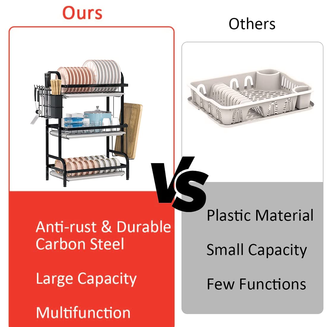 NQV 3 Tier Dish Drying Stand Large Dish Rack for Plates Cups Bowls Utensils Cutting Board and Cutlery Metal Dish Drying Rack with Spray Paint Durable Dish Rack with 3 Removable Water Trays
