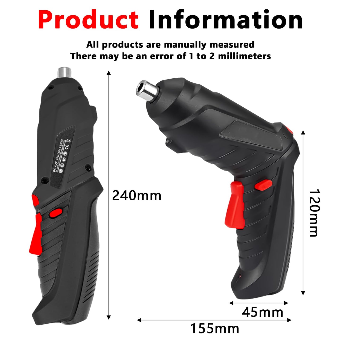 4.2 V Cordless Screwdriver, 3.5 Nm Small Cordless Screwdriver Set with 47-Piece Accessories (LED Light, USB Charging Cable and Case), Mini Electric Battery Screwdriver, Black Battery Drill for Screws,