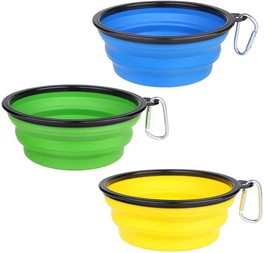 ECOSCO Collapsible Dog Bowl with Carabiner Clip (Blue/Green/Yellow, Pack of 3, Large)