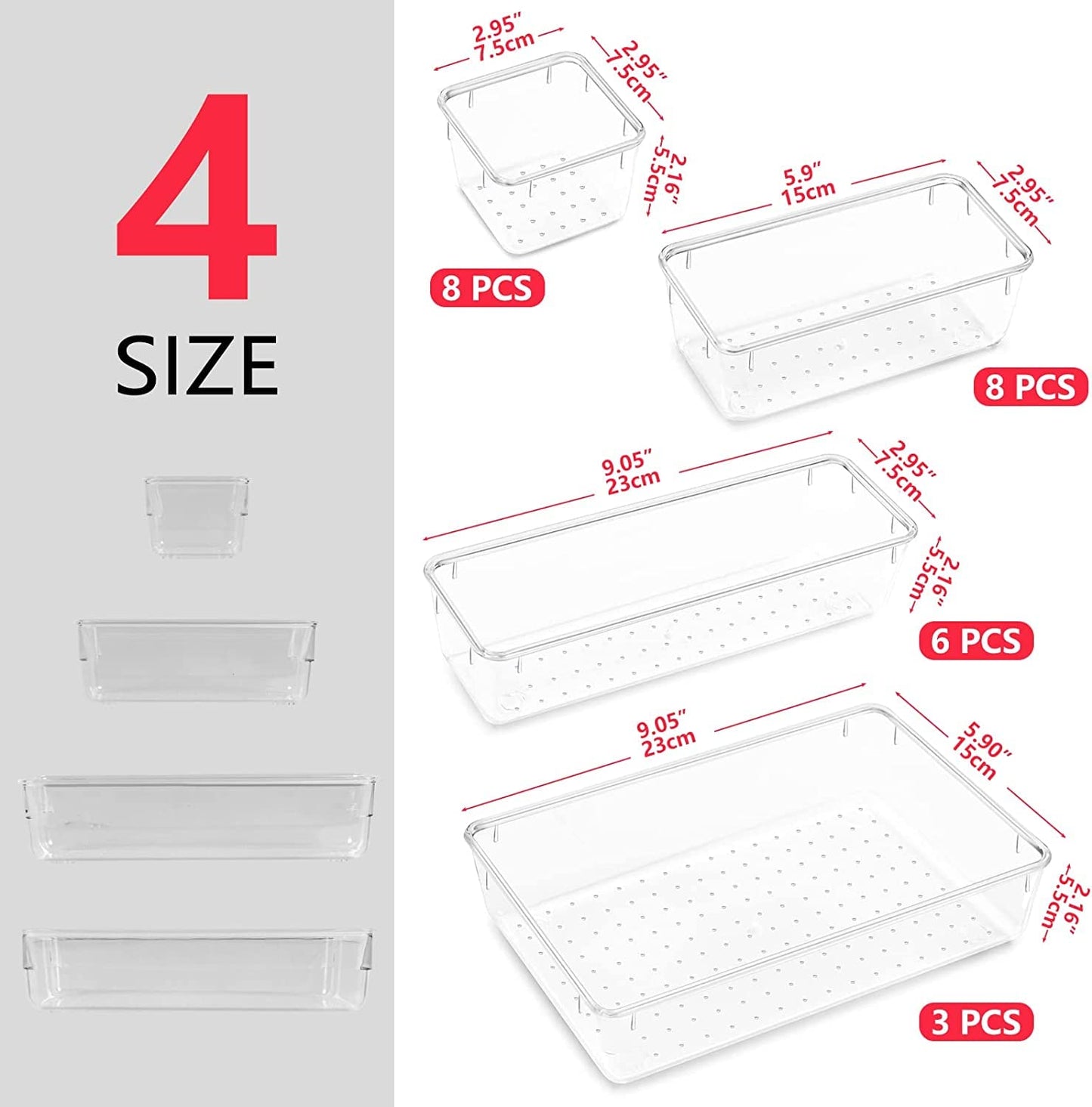 25 Pcs Desk Drawer Organizer Trays, Clear Plastic Storage Boxes Bins, Desk Versatile Tidy Divider, Make-Up Organiser Boxes with 5 Size for Bedroom Office Kitchen
