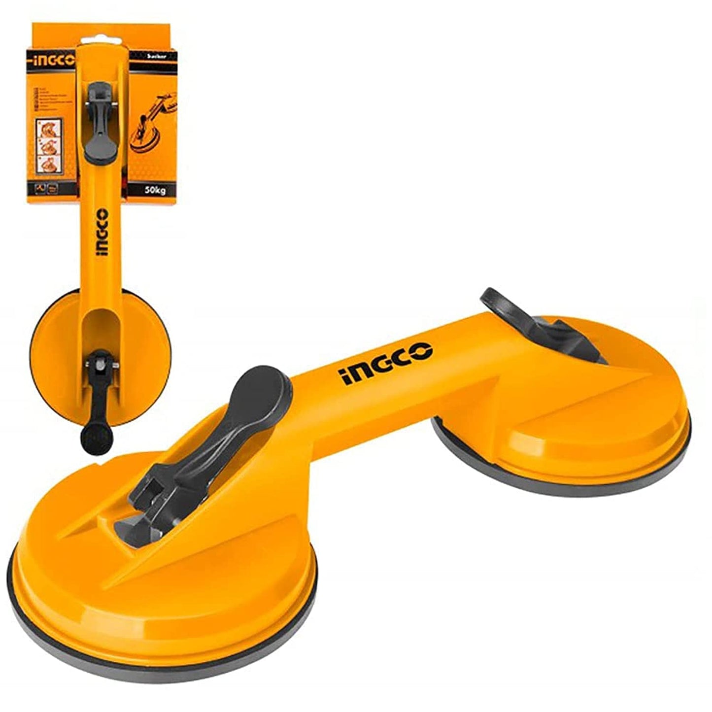INGCO Double Suction Cup Glass Lifter, 50KG Load Capacity, High Quality Rubber with 155mm Diameter, Yellow, HSU025001