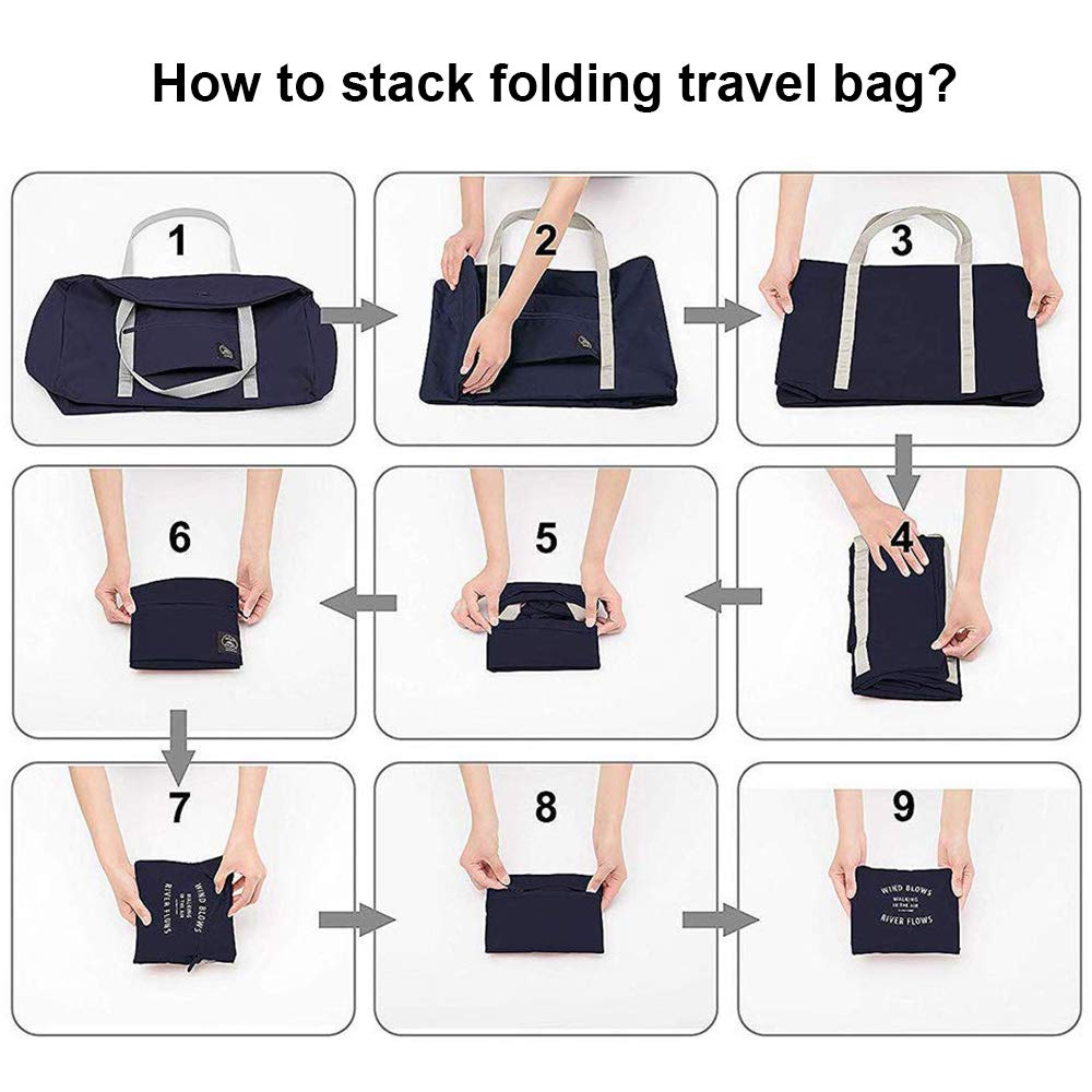 2 Pack Foldable Travel Duffel Bag, Lightweight Carry On Luggage Bag for Women and Men, Waterproof Multipurpose Sport Duffle for Sports, Gym, Vacation, Dark Blue, 18.7" x12.5" x6.2", 1