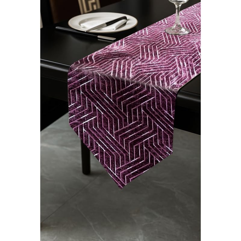 INtex Home Table Runner with V-Shaped End, Nadia’s Geometric Design in Heavy Duty Velvet Linen Fabric, Reception Living Room or Special Occasions, 1 Pc - 45 x 160 cm - Café