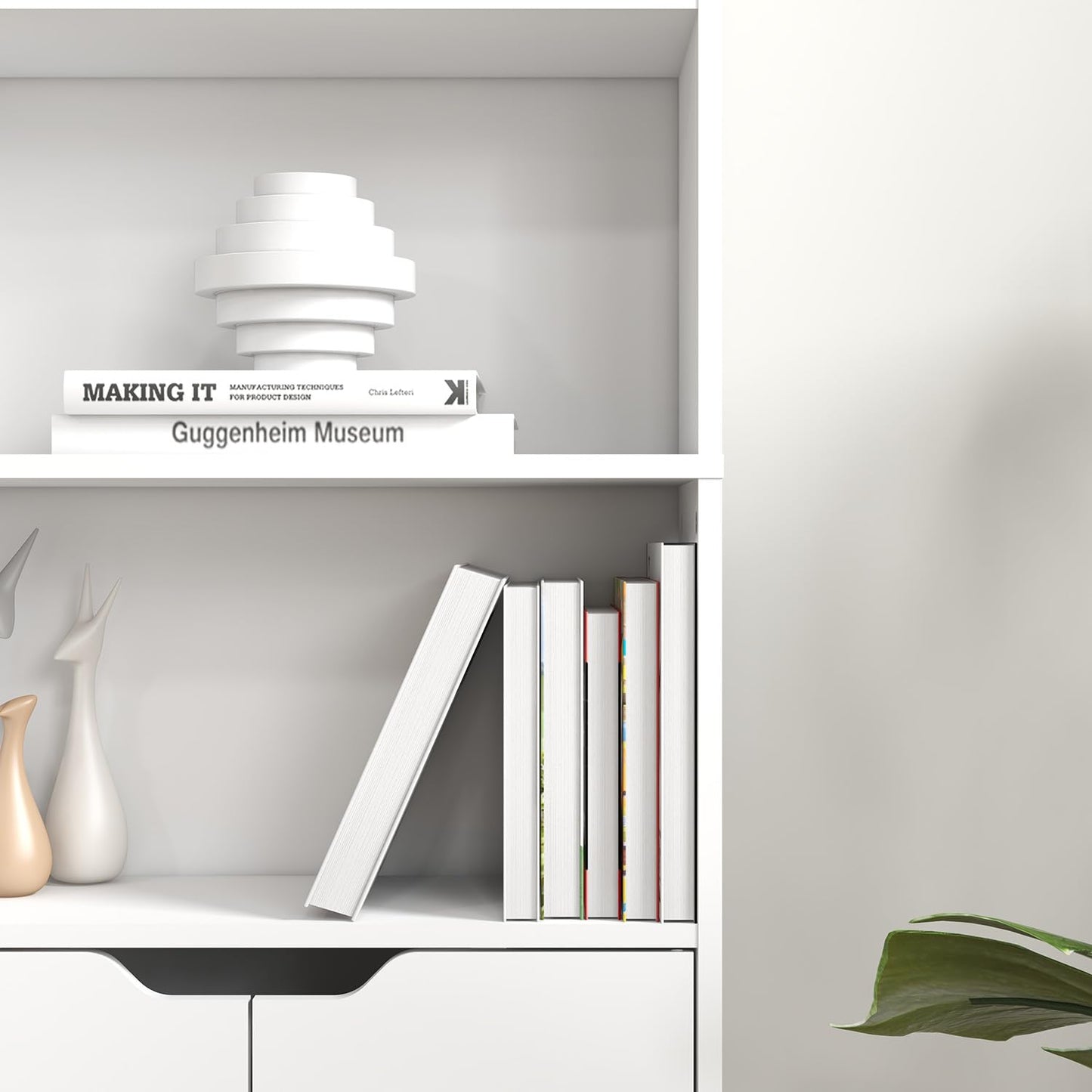 6 Tier Bookcase with 2 Doors in White, Wooden Cube Shelves, Tall Bookshelf Storage Cupboard, Soild Wood Organizer Display Free Standing Unit for Living Room