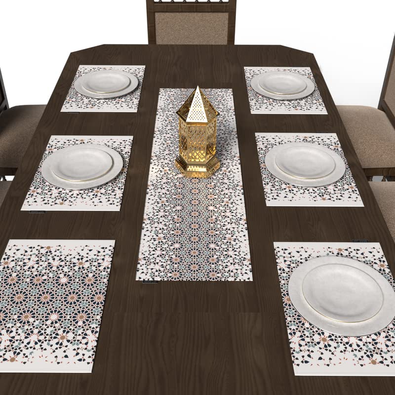 Reya 7-Piece Dining Linens Set, with 6 multicolor canvas placemats (45x30 cm) and 1 table runner (35x140 cm), featuring a serene Islamic design for an elegant, beautiful tablescape