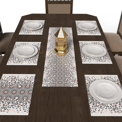 Reya 7-Piece Dining Linens Set, with 6 multicolor canvas placemats (45x30 cm) and 1 table runner (35x140 cm), featuring a serene Islamic design for an elegant, beautiful tablescape