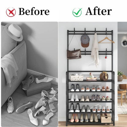 5 Tier Entryway Coat Rack,3-in-1 Shoe Rack Hall Tree Shoe Bench with Coat Hat Umbrella Rack,Storage Shelves with 8 Hooks,Multifunctional Hallway Organizer