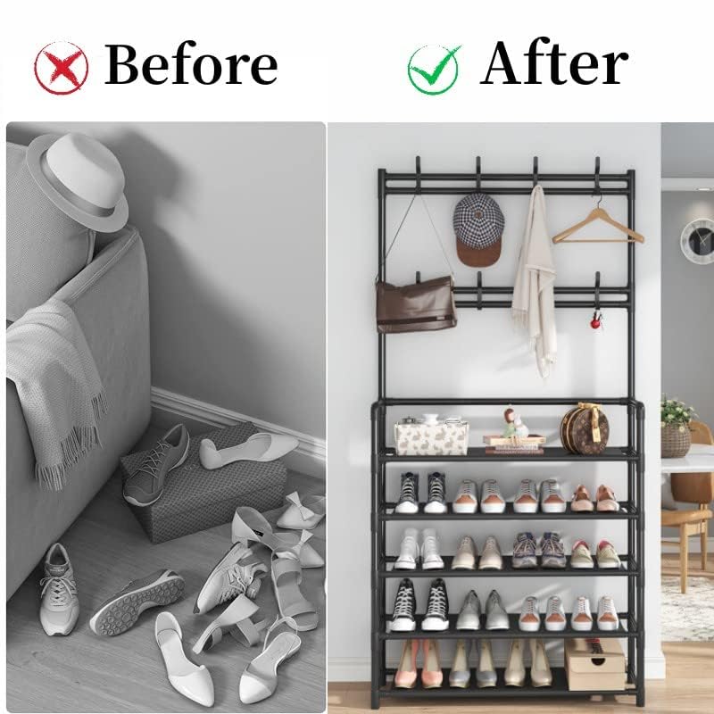 Malory 5 Tier Entryway Coat Rack,3-in-1 Shoe Rack Hall Tree Shoe Bench with Coat Hat Umbrella Rack,Storage Shelves with 8 Hooks,Multifunctional Hallway Organizer