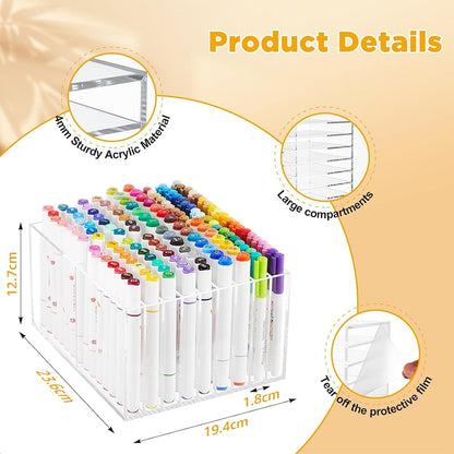 Acrylic Marker Organizer, Clear 126-Capacity Art Marker and Pencil Holder with 18 Compartments, Desktop Display Stand for Pens, Brushes and Office Supplies Storage, Clear