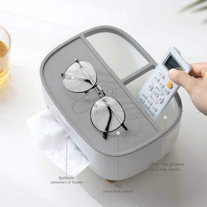 Multifunction Tissue Box Holder with Storage Caddy, Modern Napkin Dispenser and Organizer for Remote Controls & Office Supplies, ABS Plastic Desktop Caddy for Bathroom & Bedroom, Grey