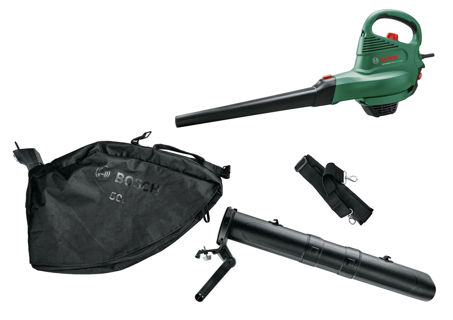 Bosch Universal Garden Tidy 3000 electric leaf blower and vacuum cleaner (3000 W, 50 l collection bag, variable speed, for blowing, vacuuming and shredding leaves, in box)