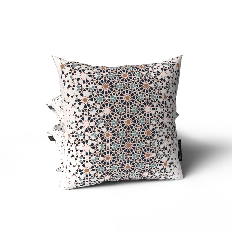 Reya Velvet Cushion Cover in White & Blue, a beautiful 40x40 cm decorative throw pillow with a serene Islamic-inspired design, ideal for creating a peaceful and festive Ramadan vibe