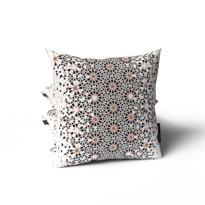 Reya Velvet Cushion Cover in White & Blue, a beautiful 40x40 cm decorative throw pillow with a serene Islamic-inspired design, ideal for creating a peaceful and festive Ramadan vibe