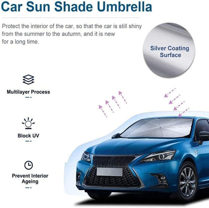 Car Umbrella Sun Shade Cover, Foldable Sun Shades Car for Windshield Parasol to Keep Your Vehicle Cool and Damage Free, Block Heat UV Rays Sun Visor Protector, Easy to Use (57 * 31 Inch)