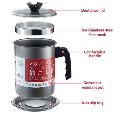 Stainless Steel Kitchen Oil Strainer Pot with Filter – 1.4L Oil Dispenser and Storage Container with Fine Mesh Strainer for Frying Oil and Cooking Grease