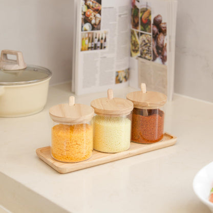 LOCDION 3 PCS Condiment Pots Set,Decorative Storage Seasoning Glass Container Box with Wood Spoon Lid and Base for Home Kitchen café Storing Salt Sugar Pepper Spice(Rubber Wood)