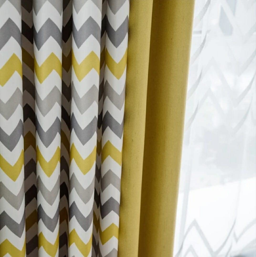 Luxury velvet curtains - Modern Design - Striped zig zag Yellow and Grey with plain velvet yellows 2 panels - Normal tape
