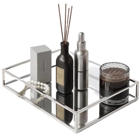 Clear Acrylic Decorative Tray 26 x 14 x 4 cm, Rectangular Mirror-Base Organizer for Perfume Makeup Jewelry and Bathroom Storage, Elegant Counter Display Box for Vanity or Dresser