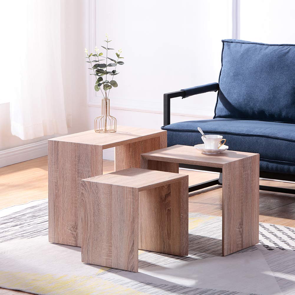 Nest of 3 Tables in Light Brown,Wood Coffee Table Set for Living Room, Multi-functionaLEnd Side Table, Stackable Space-Saving Modern Furniture, Versatile Design