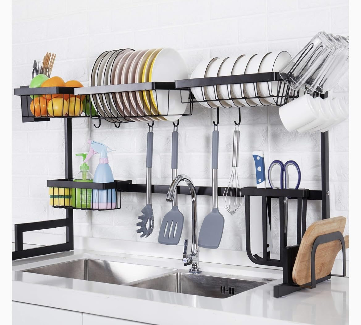 Dish Drying Rack Kitchen Sink Drain Storage Rack Stainless Steel Counter Organizer, Width Adjustable 2-layer Tableware Kitchen Storage (black)