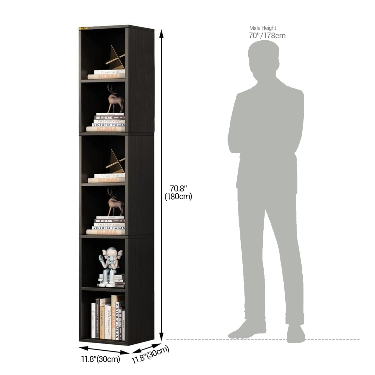 Tall Narrow Bookshelf, 6 Shelf Wooden Corner Bookcase, Modern Skinny Cubes Storage Organizer Display Shelving for Bedroom, Library, Living Room, or Home Office (Black)