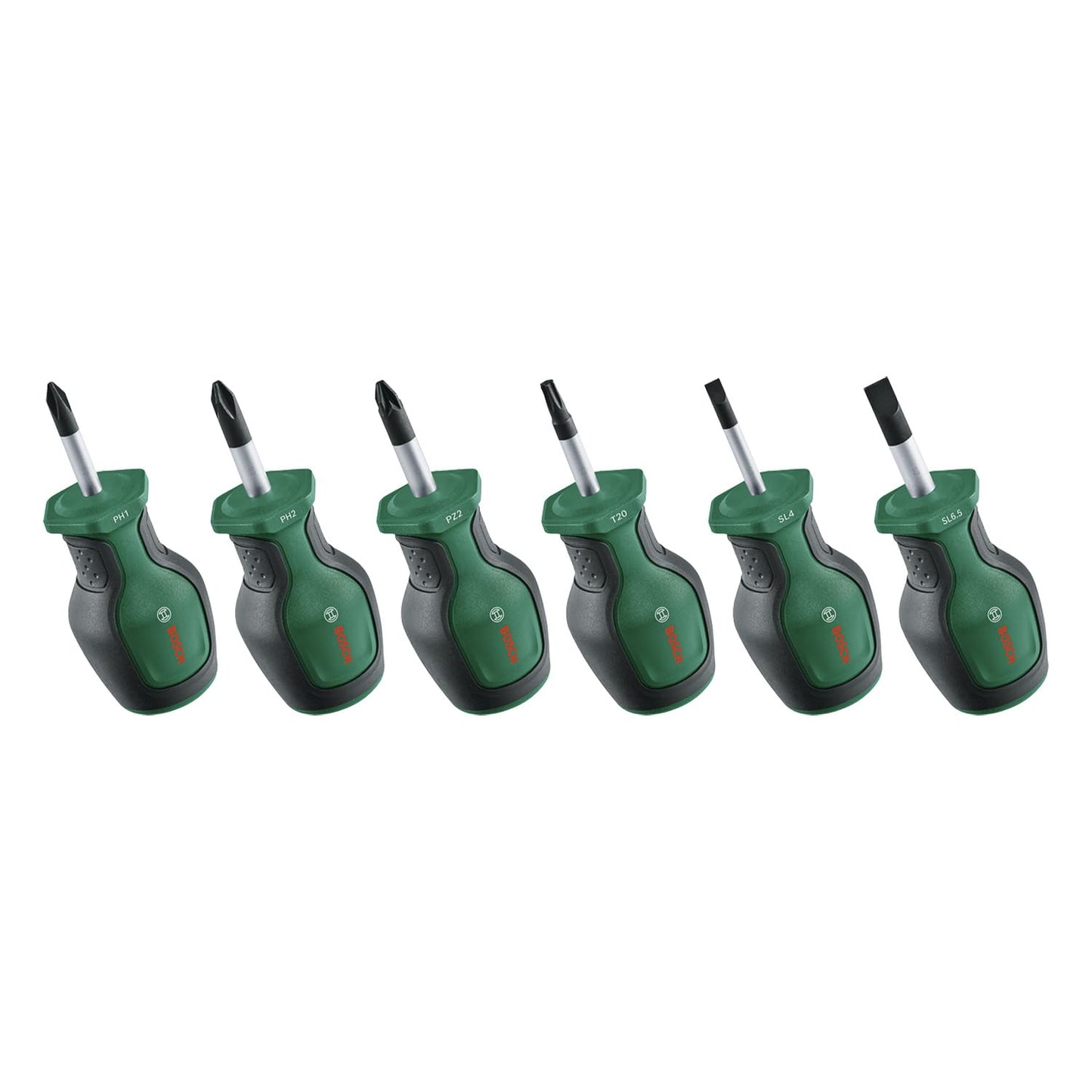 Bosch Screwdriver Stubby Set 6-Piece (Compact Screwdrivers for Fastening in Tight Spaces; PH/PZ/TX/SL; S2 Steel; High Torque; Colour-Coded; Magnetic Tip; Ergonomic Softgrip)
