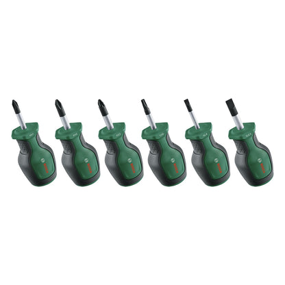 Bosch Screwdriver Stubby Set 6-Piece (Compact Screwdrivers for Fastening in Tight Spaces; PH/PZ/TX/SL; S2 Steel; High Torque; Colour-Coded; Magnetic Tip; Ergonomic Softgrip)
