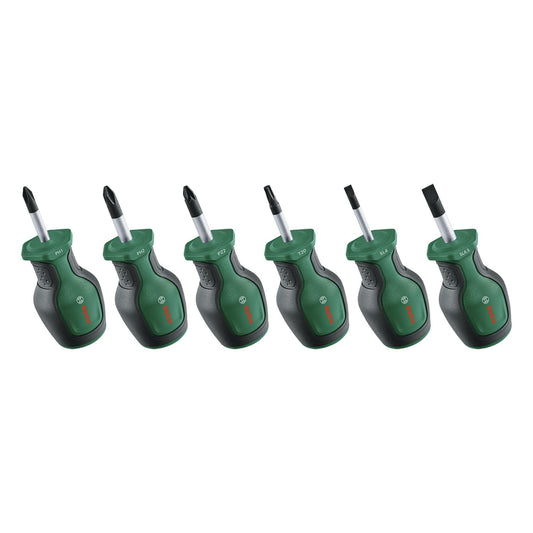 Bosch Screwdriver Stubby Set 6-Piece (Compact Screwdrivers for Fastening in Tight Spaces; PH/PZ/TX/SL; S2 Steel; High Torque; Colour-Coded; Magnetic Tip; Ergonomic Softgrip)