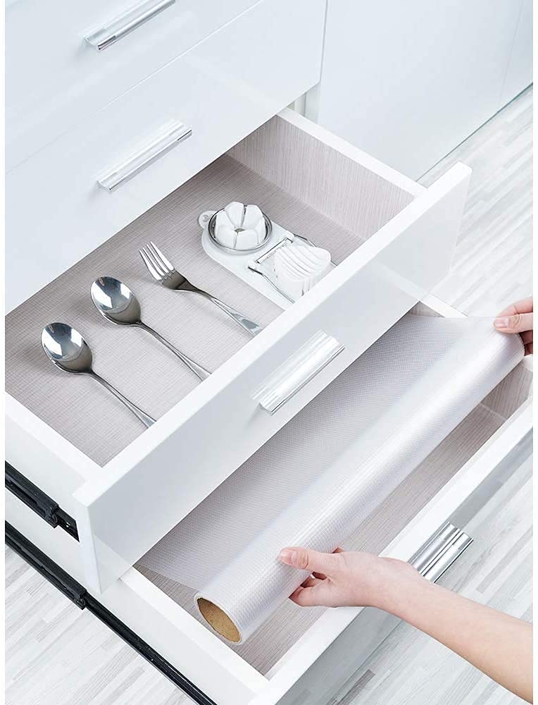 Zindoo Drawer Liners 44.5cmx500cm Shelf Liner Washable Cupboard Cabinet Liner Non-Adhesive Refridge Locker Anti-Slip Mats Sink Protector for Home Clear