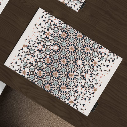 Reya 7-Piece Dining Linens Set, with 6 multicolor canvas placemats (45x30 cm) and 1 table runner (35x140 cm), featuring a serene Islamic design for an elegant, beautiful tablescape