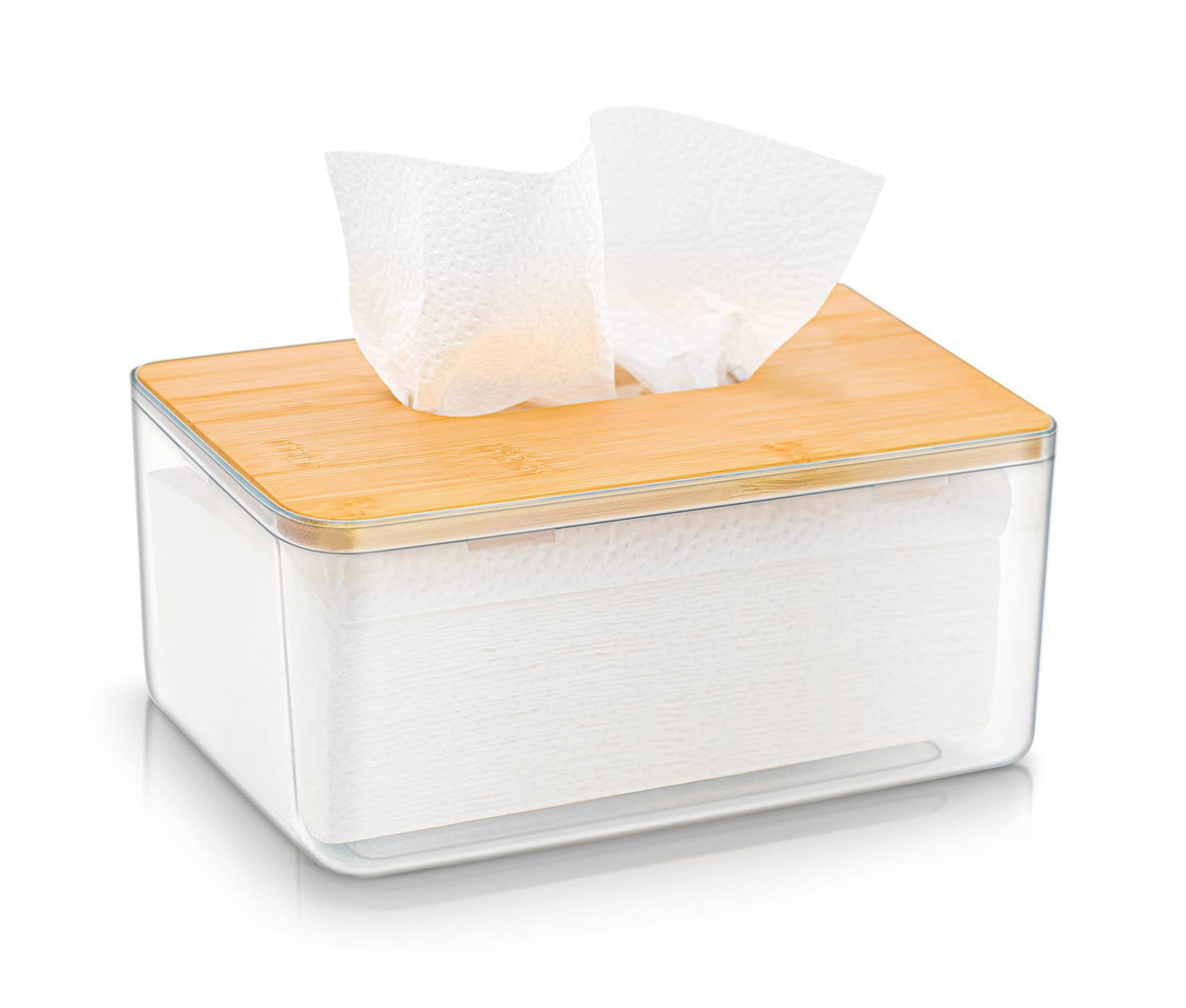 YESTOO Clear Tissue Holder, Acrylic Dryer Sheet Dispenser Box with Bamboo Lid, Transparent Container, Minimalist Design. Tissue Organizer for Laundry, Living Room, Bathroom, Bedroom, Medium Size