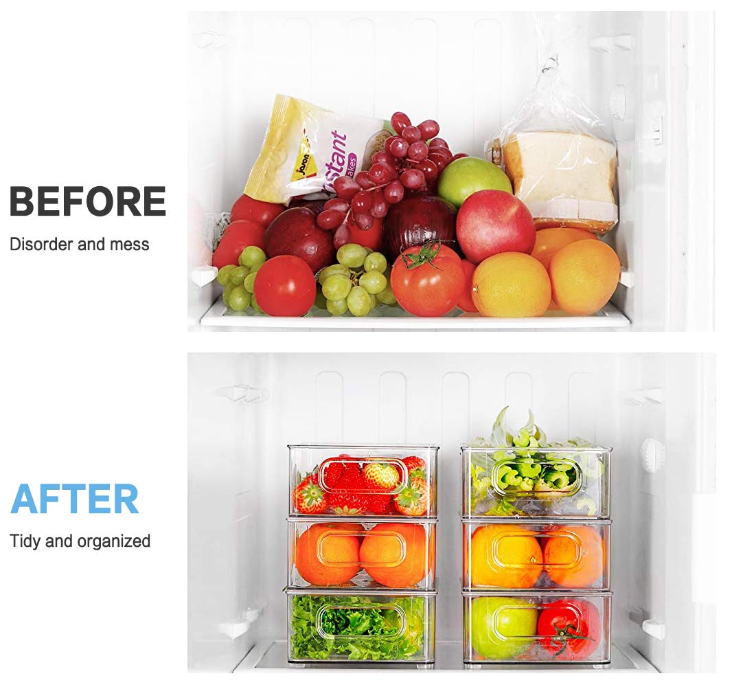 Refrigerator Organizer Bins, 6 PACK Organizer Bins Stackable Fridge Organizers with Cutout Handles for Freezer, Kitchen, Countertops, Cabinets - Clear Plastic Pantry Food Storage Rack