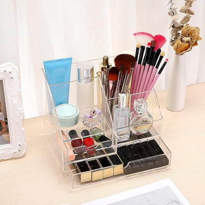 All-in-One Clear Acrylic Office Supplies Organizer, Large Desktop Caddy with 2 Drawers and 7 Compartments for Pens, Paper, and Accessories, Perfect for Home, Office, and Dorm