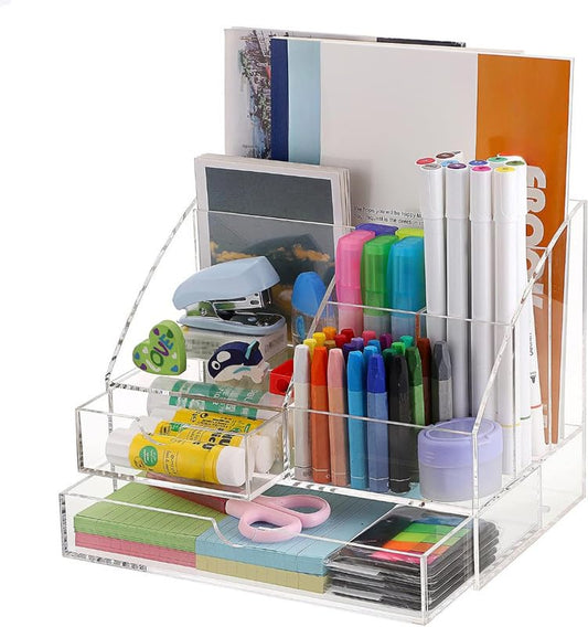 All-in-One Clear Acrylic Office Supplies Organizer, Large Desktop Caddy with 2 Drawers and 7 Compartments for Pens, Paper, and Accessories, Perfect for Home, Office, and Dorm