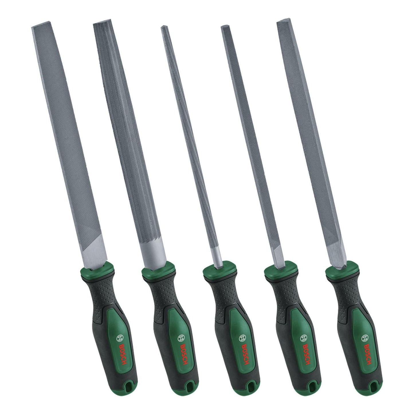 Bosch File Set 5-Piece (Robust Metal File Set incl. Round/Half-Round/Flat/Triangular/Square Files; Hard Carbon Steel; Shaft Length 200mm; Medium Stroke 2; Ergonomic Softgrip)