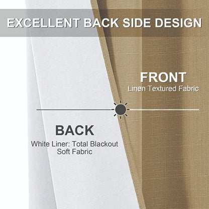 Linen 100% Blackout Curtains for Bedroom Living Room Thermal Insulated Fabric -Room Darkening -Steel Grommet Window Curtains -1 Piece