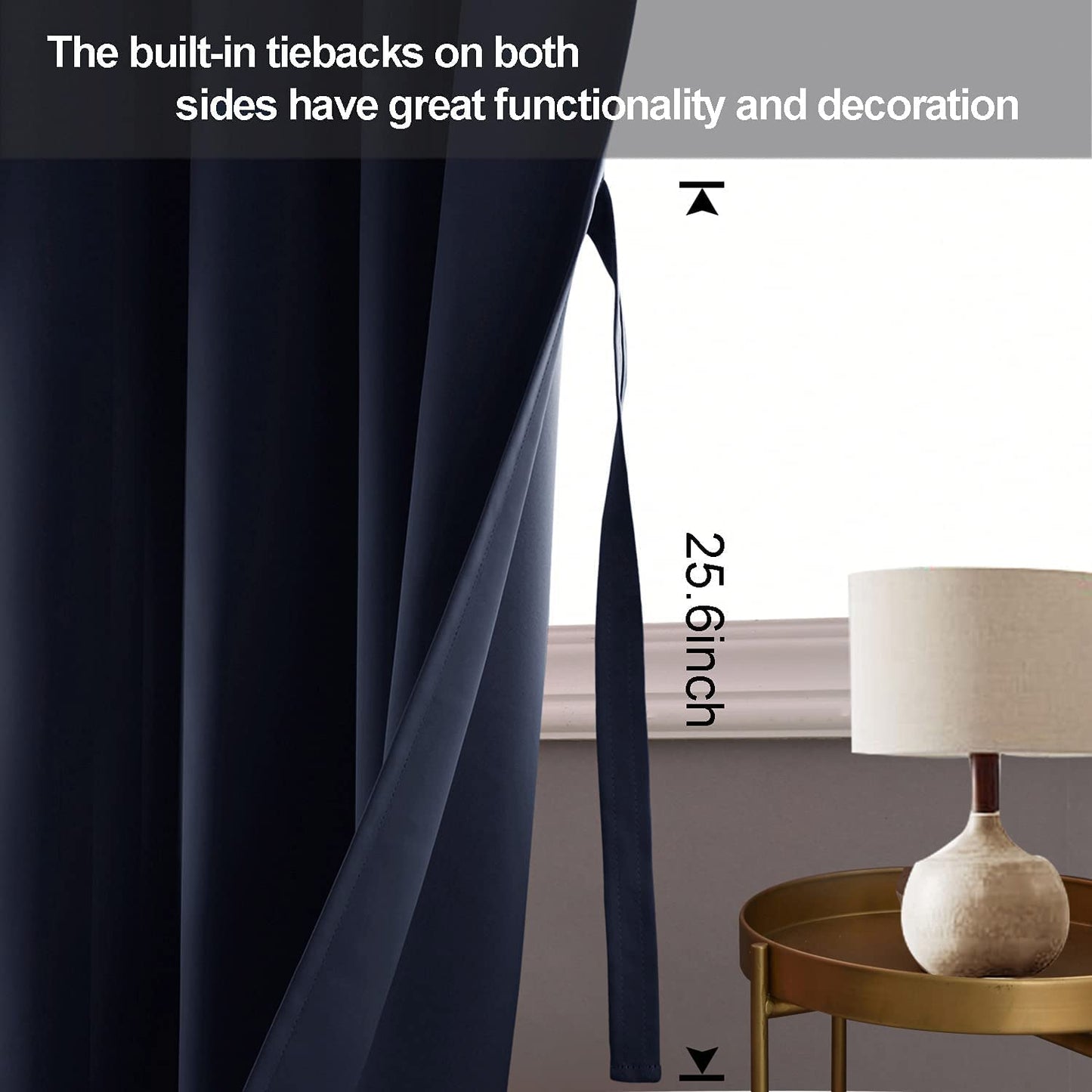 Blackout Curtains with Tiebacks - Thermal Insulated, Light Blocking and Noise Reducing Grommet Curtain Drapes for Bedroom and Living Room, Set of 2 Panels,