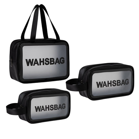 3Pcs Cosmetic Bag Vinyl Air Travel Toiletry Bags Bulk, Water Resistant PVC Packing Cubes with Zipper Closure & Carry Handle for Women Baby Men, Make-up brush Case Beach Pool Spa Gym Bag (Black)