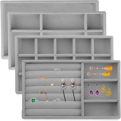 Velvet Jewelry Trays Organizer, Stackable Jewelry Storage Display Trays for Drawer Earring Necklace Bracelet Ring Organizer, Set of 4