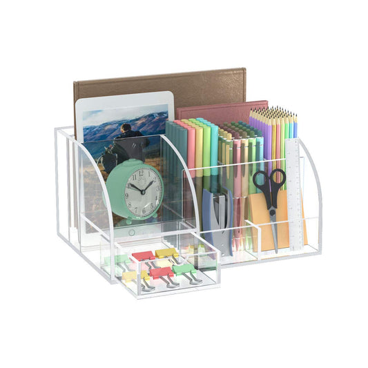 Clear Acrylic Desk Organizer, 8 Compartments Plus 1 Drawer Office Supplies Storage Organizer for Desktop, Home, and School