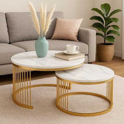Nesting Coffee Tables, Faux Marble and Gold Elegance, Set of 2 Round Tables with Metal Base, 65x65x45 cm, Space-Saving Design for Living Room, Side Tables for Home