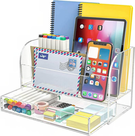 Large Clear Acrylic Desk Organizer and Mail Sorter, Multi-Slot Desktop File Holder with Integrated Drawer for Office and Home, Elegant Stationary Tray and Storage Solution