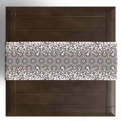 Ramadan's Unique Reya Velvet Runner in White & Blue, a Beautiful 35x140 cm Decorative Centerpiece with a Serene Islamic-Inspired Design, ideal for a Peaceful and Festive Ramadan Vibe
