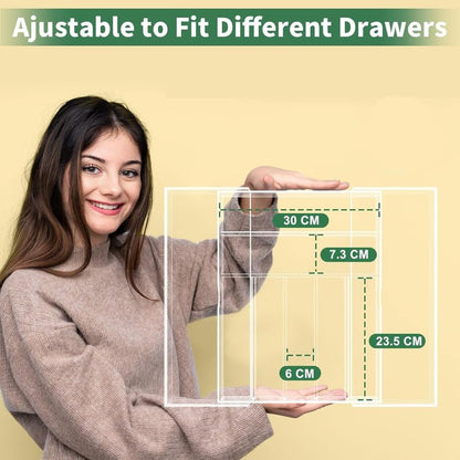 Clear Acrylic Expandable Drawer Organizer, Adjustable Cutlery Tray for Flatware Utensils and Supplies, 53.3 cm Wide, 7 Compartments with Sliding Sides for Kitchen Office or Bathroom Use