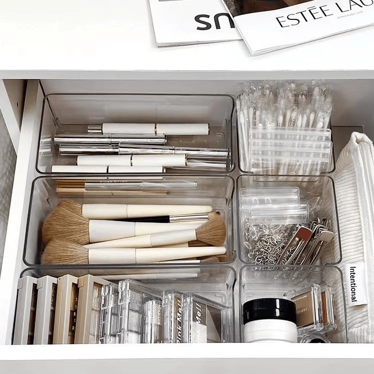 25 Pcs Clear Plastic Drawer Organizer Set,4 Sizes In Drawer Organizer Trays for Bathroom,Office,Kitchen Cabinet and Vanity Organizers,Desk Drawer Organizer Bins for Jewelry,Cosmetic,Utensil,Junk