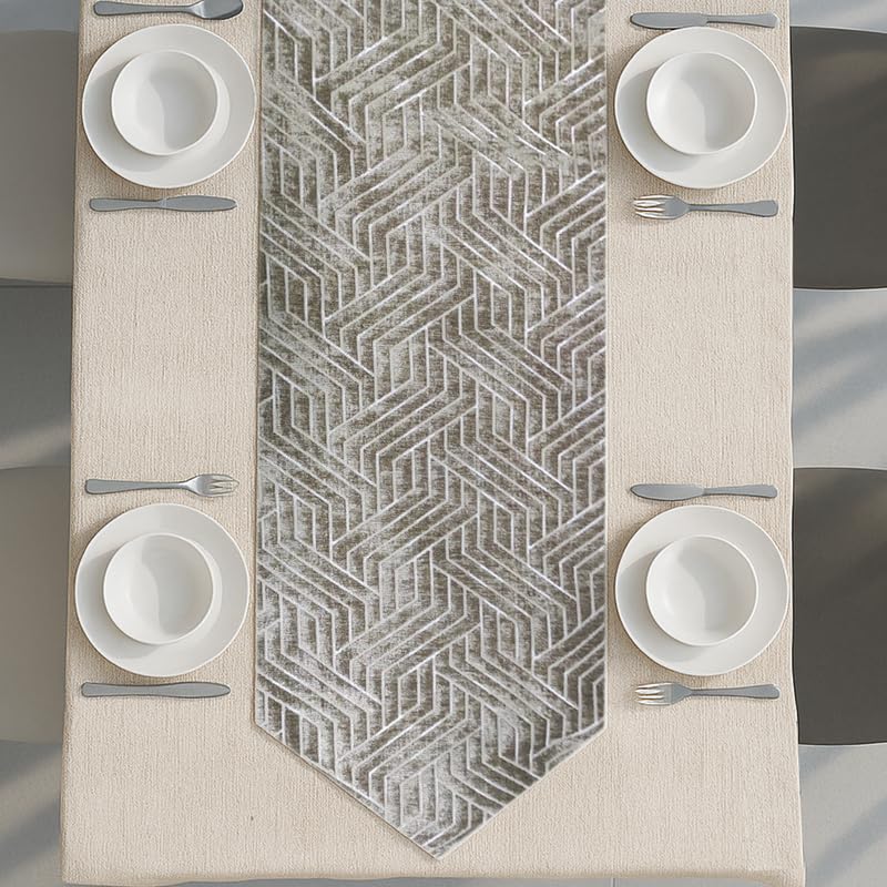 INtex Home Table Runner with V-Shaped End, Nadia’s Geometric Design in Heavy Duty Velvet Linen Fabric, Reception Living Room or Special Occasions, 1 Pc - 45 x 160 cm - Café