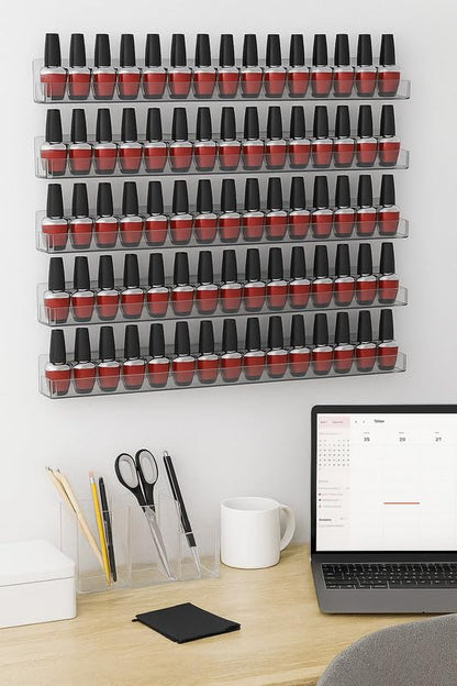 6 Pack Wall Mounted Nail Polish Racks – 38.1 cm Clear Acrylic Floating Shelves, Display Organizer for 72 Bottles, Professional Storage for Nail Techs and Salons