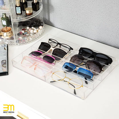 Clear Acrylic Sunglass Eyeglass Organizer, 8 Compartments Dresser Display Case for Eyewear and Accessories, Multipurpose Drawer Tray for Storage and Showcase