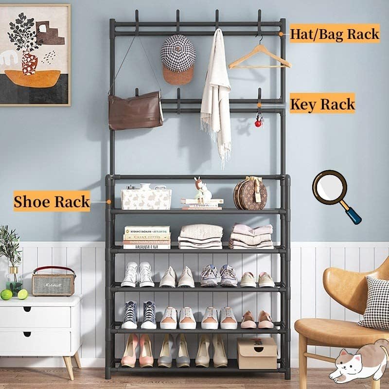 Malory 5 Tier Entryway Coat Rack,3-in-1 Shoe Rack Hall Tree Shoe Bench with Coat Hat Umbrella Rack,Storage Shelves with 8 Hooks,Multifunctional Hallway Organizer
